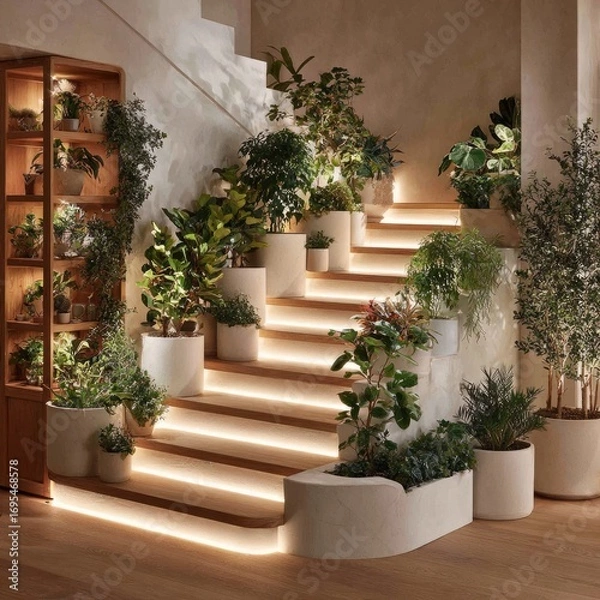 Fototapeta A light-filled staircase adorned with lush greenery in stylish planters, showcasing a tranquil and inviting interior design.