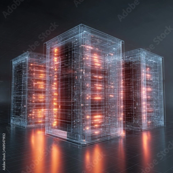 Obraz Three transparent server racks, glowing orange, digital rendering