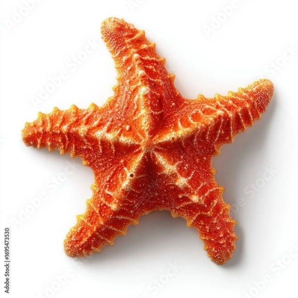 Obraz Five-armed orange starfish with bumpy texture casts shadow against white background