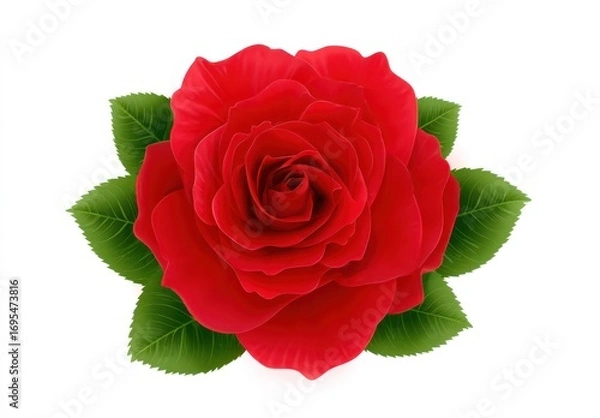 Obraz Red rose blossom. Vector illustration of a fully bloomed vibrant red rose with surrounding lush green leaves