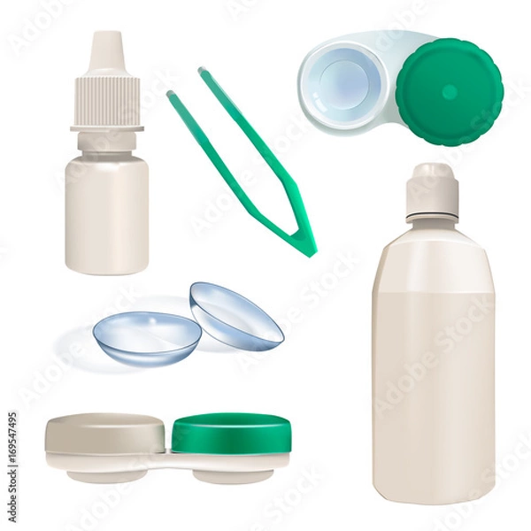 Obraz Contact lens, container and bottles. Set of realistic object.