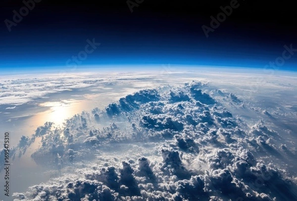 Obraz Earth's curvature is visible with cloud layers below, sky fading into deep blue and black, sunlight reflecting off water. High altitude perspective
