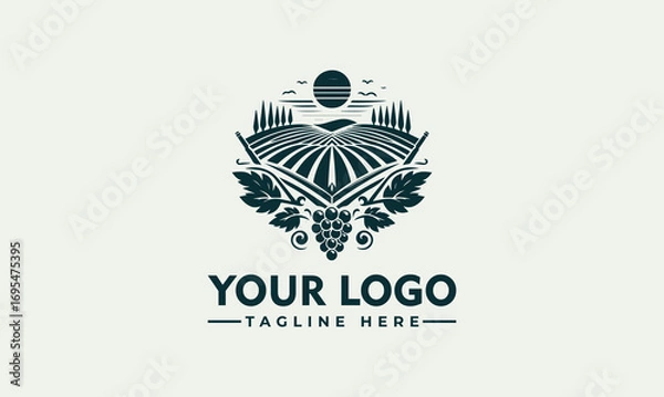 Fototapeta Logo design featuring a vineyard landscape with grapes, sun, and trees in a circular emblem.