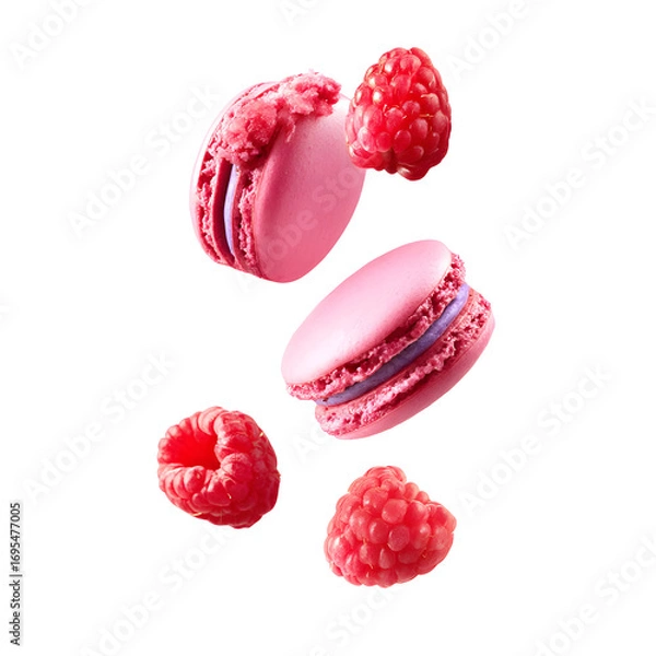 Obraz Elegant Pink Macarons and Raspberries Floating on a Dramatic Black Background