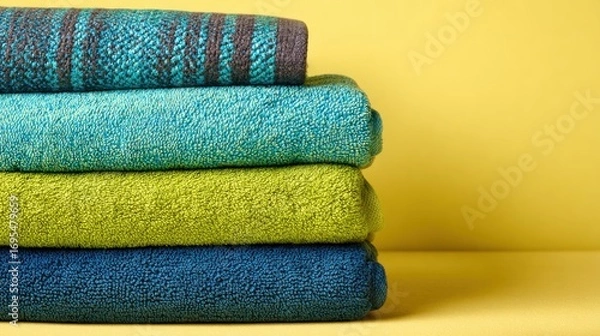 Obraz A stack of soft towels in various shades of blue and green against a simple yellow background in soft lighting