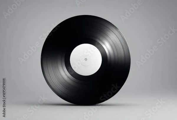 Obraz Vinyl record on a gray backdrop, highlighting the smooth black surface and central white label, casting a soft shadow