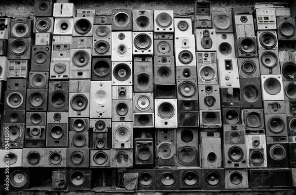 Obraz Dense wall of varied sized and shaped audio speakers creating an abstract textured monochrome display with circular patterns