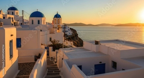 Obraz Scenic Sunset Over White Greek Islands Buildings with Blue Domes on Cliffside