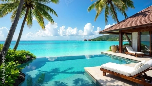 Fototapeta Luxurious Private Villa Beachfront Escape Sunbathe, Relax, and Enjoy Breathtaking Ocean Views