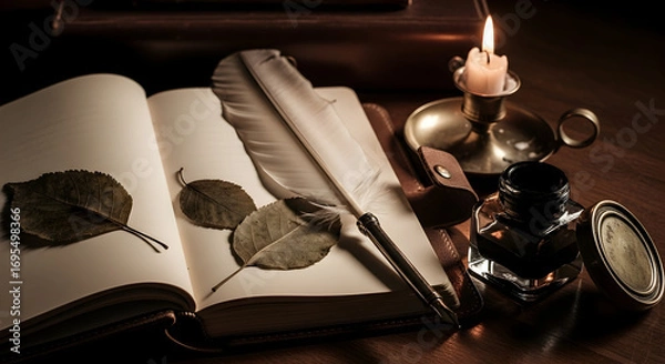 Fototapeta Still life of a candle, a feather pen, inkwell, and a journal with leaves and candles