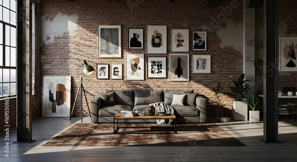 Fototapeta Stylish interior design with artworks, sofa, brick wall, and soft sunlight creating an aesthetic