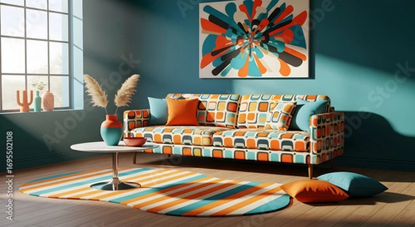 Fototapeta Stylish living room with colorful sofa and abstract art, interior design with modern vibes