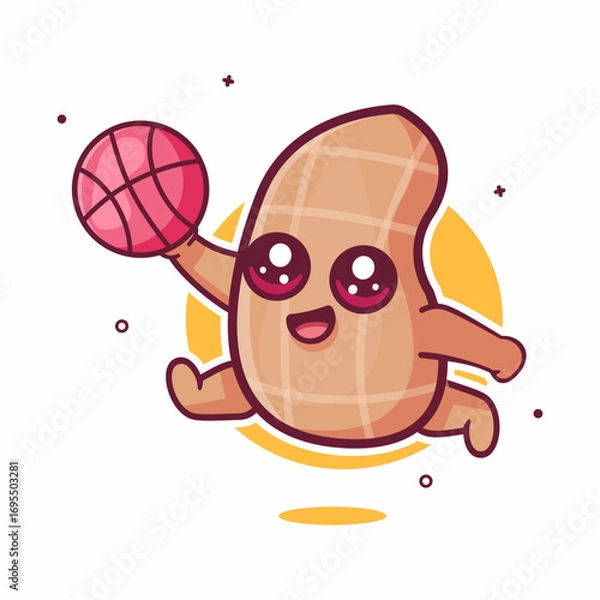 Fototapeta smiling peanut character mascot playing basketball isolated cartoon