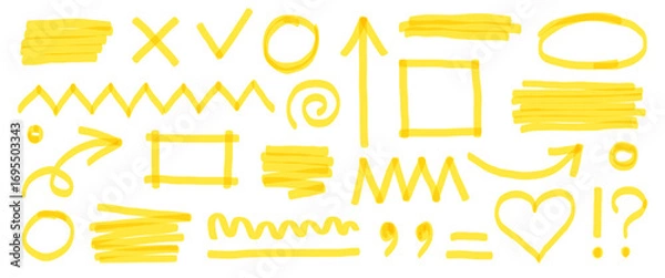 Fototapeta Highlight marker pen set. Hand drawn yellow color highlight with underline, heart, and pen sketch arrow element. Scribble circle shape, check mark sign and dry paintbrush texture. Vector illustration