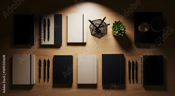 Fototapeta Stylish Office Stationary Layout Desk with Notebooks, Pens, and Decorative Items