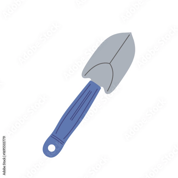 Fototapeta Garden hand trowel with a blue handle resting on a plain background