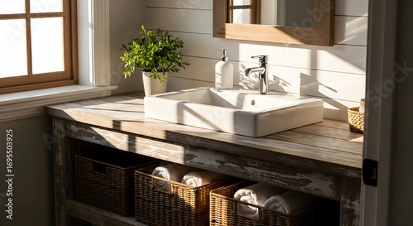 Fototapeta Stylish Rustic Bathroom Interior with Washbasin, Mirror, and Sunlight through Window
