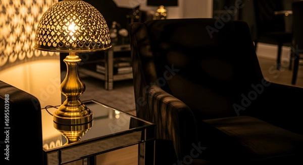 Fototapeta Stylish Table Lamp Illuminates Mirrored Surface, Evoking Warmth And Sophistication In The Interior