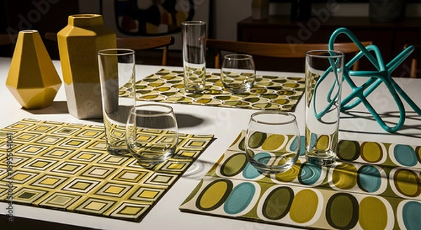 Fototapeta Stylish Table Setting Featuring Vases Drinking Glasses and Decorative Placemats with Unique Patterns