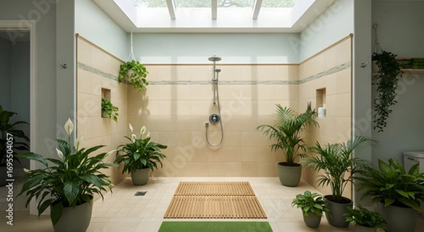 Fototapeta Stylish Tranquil Shower Room with Plants and Skylight Creating a Peaceful Vibe
