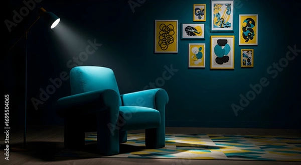 Fototapeta Stylish teal arm chair and artwork illuminated by a lamp in a moody interior