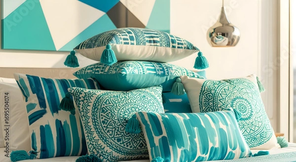 Fototapeta Stylish Stack of Turquoise Decorative Pillows with Abstract Pattern and Tassels
