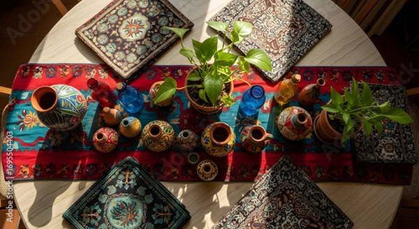 Fototapeta Stylized Arrangement Of Pottery And Plants Create A Pleasant Ambient Indoors