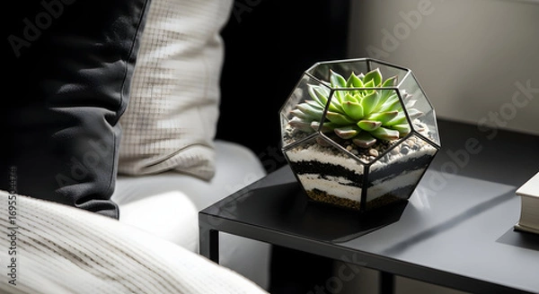 Fototapeta Succulent Arrangement in Geometric Terrarium on a Table near Comfy Bedroom