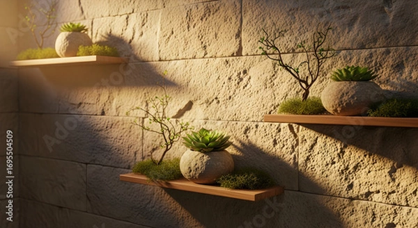 Fototapeta Succulent Planters On Shelves Against Textured Stone Wall Illuminated With Ambient Light
