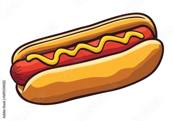 Fototapeta Cartoon hot dog vector illustration in flat sticker style on white background, minimalistic design with bold colors, simple line art, soft shading, no gradients, clean outline, fast food concept