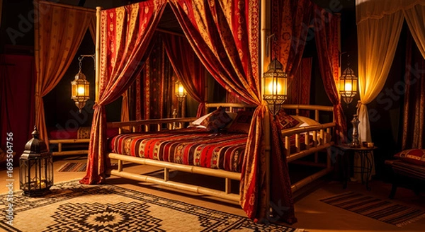 Fototapeta Sumptuous Bedroom With Canopy Bed Adorned With Elegant Fabrics And Warm Lighting