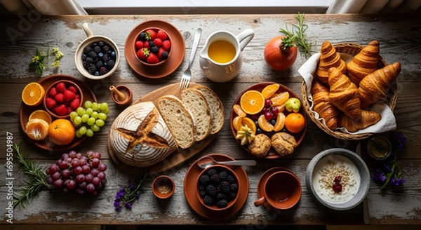 Fototapeta Sumptuous Breakfast Spread: Fresh Fruit, Pastries, Bread Arranged on Rustic Wooden Table