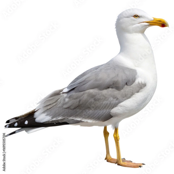 Fototapeta Seagull standing upright with wings folded, showing feather detail, seabird isolated on white background. PNG