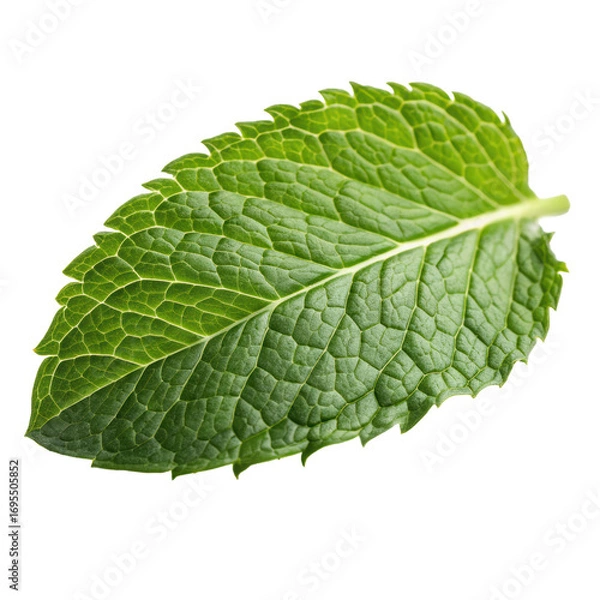 Fototapeta Single mint leaf with crisp green color and detailed veins, fresh herb isolated on white background. PNG