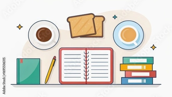 Fototapeta back college vibes concept. Study space with coffee, snacks, and stationery.