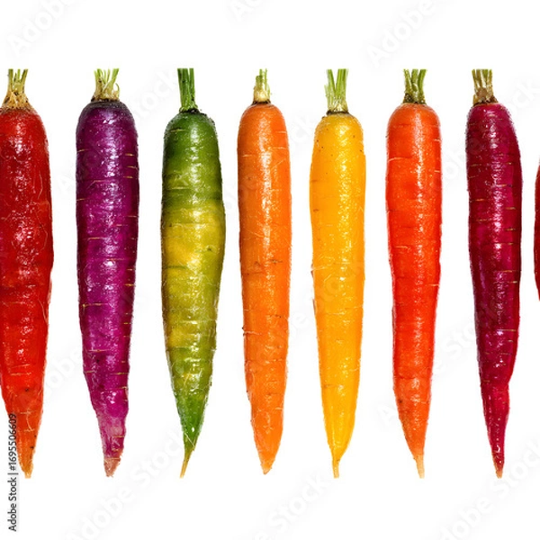 Fototapeta Assortment of colorful carrots with fresh green tops against a black background