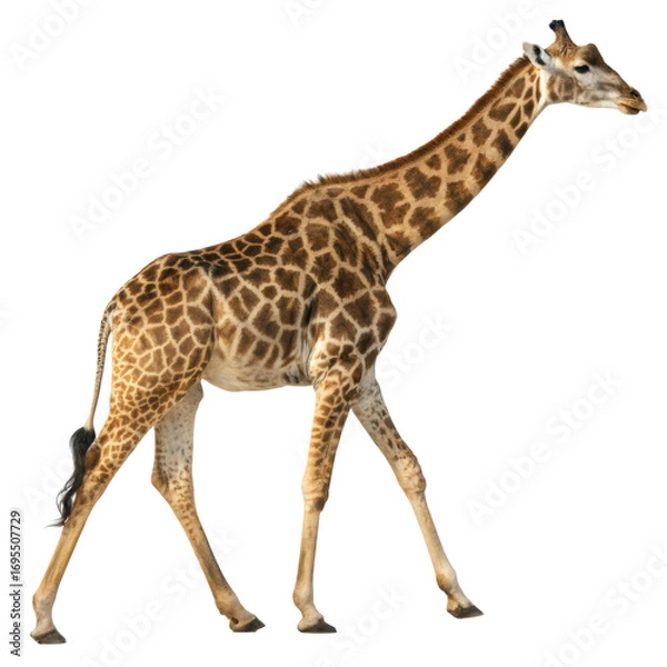 Fototapeta Giraffe in full-body view with long neck and patterned coat, wild animal isolated on white background. PNG