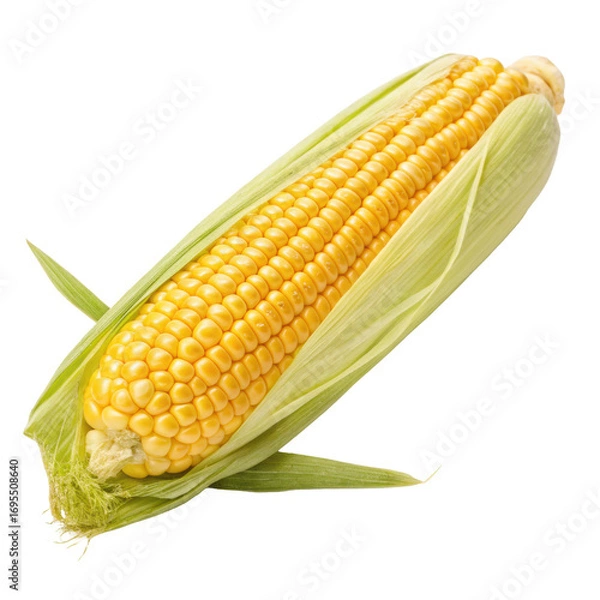 Fototapeta Bright yellow corn cob with green husk partially peeled back, fresh vegetable isolated on white background. PNG