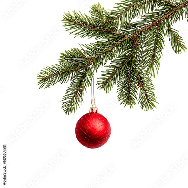 Fototapeta Red christmas ornament hanging on a green fir branch isolated on transparent background.