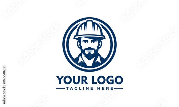 Fototapeta A logo design featuring a construction worker in a hard hat, circular design, and place for company name and tagline.