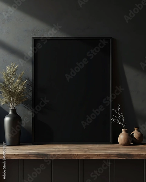 Fototapeta Elegant black canvas mockup on rustic wooden shelf with soft green plants and ambient shadow play for minimalist design