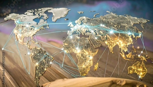Obraz Global interconnectedness, world map, glowing connections