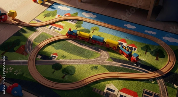Fototapeta Wooden Train Toy Circulating On A Colorful Carpet Near A Furnished Room