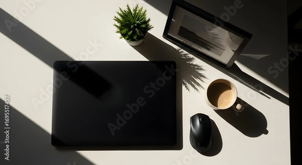 Fototapeta Workspace Aesthetic: Laptop, Coffee, and Shadow Play on a Pristine White Surface
