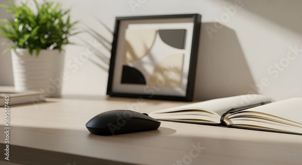 Fototapeta Workplace Setup Featuring Laptop Mouse, Artwork, Book and Potted Plant in the Sunlight