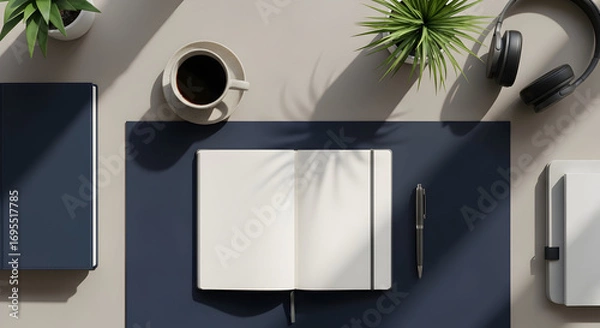 Fototapeta Workspace Design: Minimalist Desk Arrangement With Journal, Coffee, And Headphones