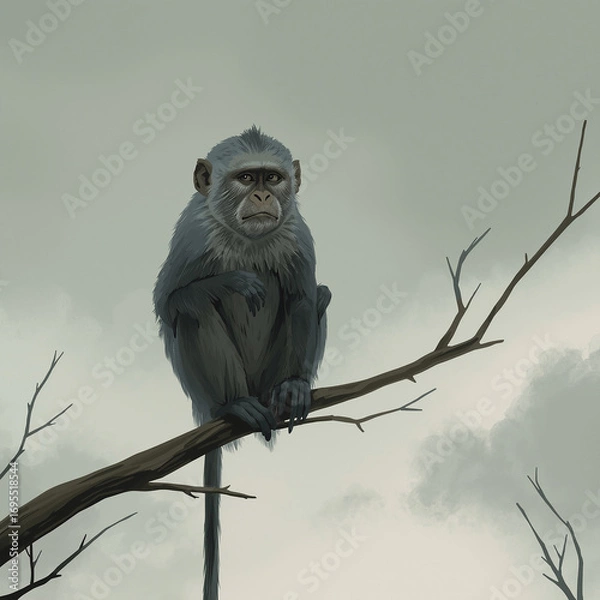Fototapeta Sad Monkey Sitting on Tree Branch in Dark Forest
