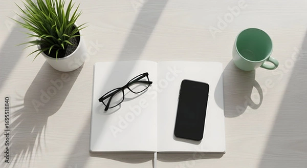 Fototapeta Workspace Setup With Smartphone, Eyeglasses, Green Mug, And Plant Under Sunlight
