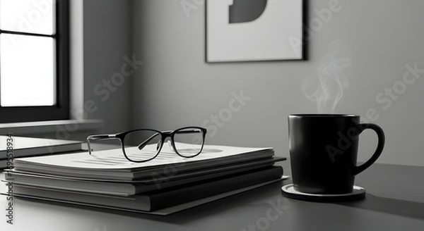 Fototapeta Workspace Still Life with Glasses, Mug, Books, and Steaming Coffee in Monochrome