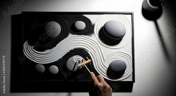 Fototapeta Zen Garden with Sand and Stones: A Study in Balance and Serenity with raking